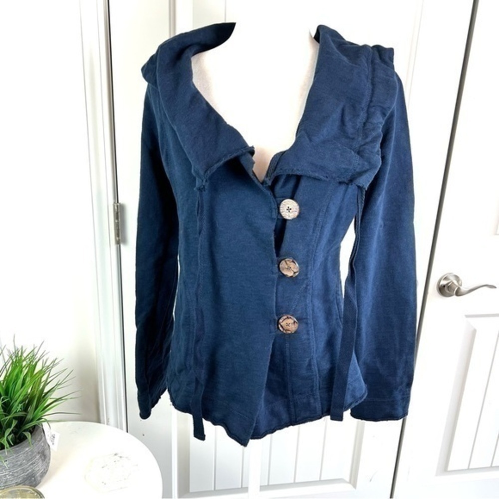 Lucky Brand Womens Jacket Coat Blue Waterfall Ruffle Neck Buttons Drawstring M